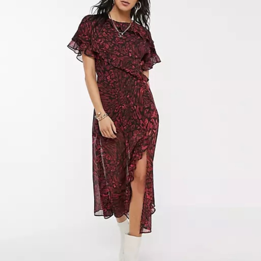 Topshop Red MIDI Ruffle Tier Dress with thigh slit